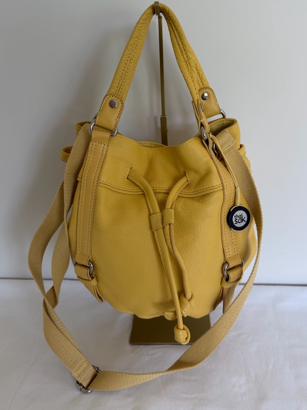 The Sak Pebbled Leather Bucket Bag Yellow Crossbody Shoulder Purse